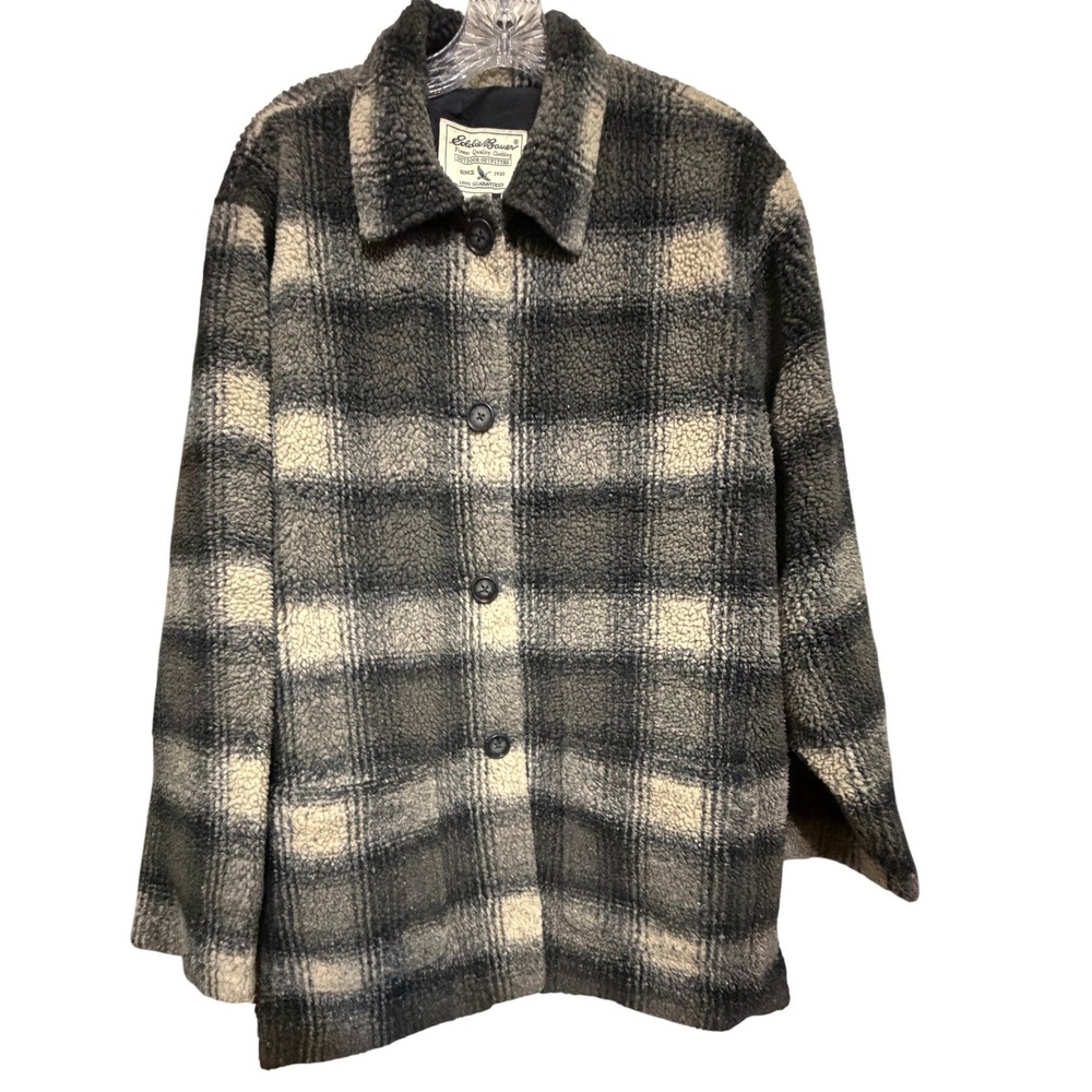 Eddie Bauer Womens Plaid Fleece Shacket Jacket Gray Cream XL Vintage Made Canada